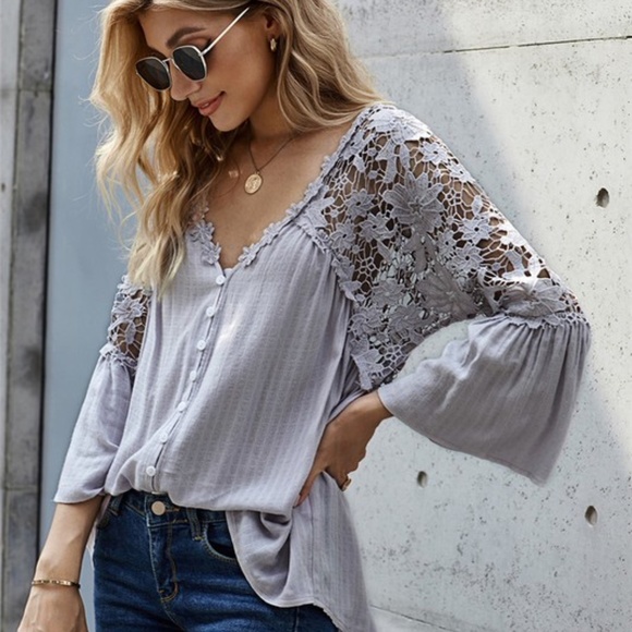 Boho Floral Crochet Button up Bell Sleeve Top - Picture 3 of 5